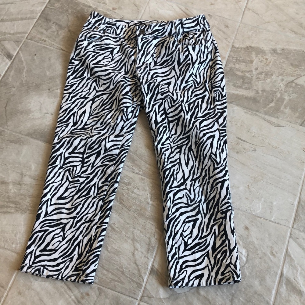 Chico’s Platinum Denim Zebra print crop jeans